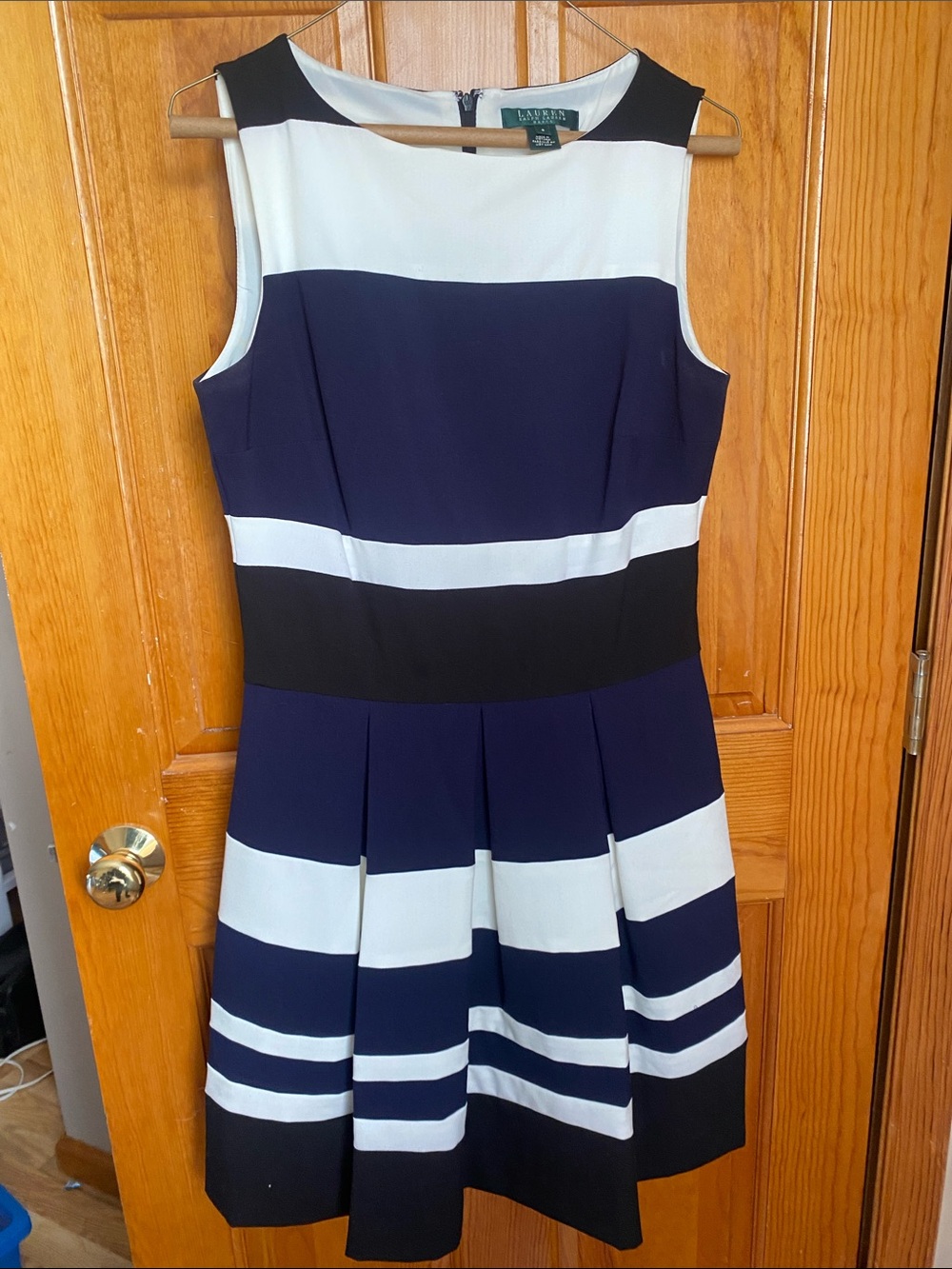 Ralph Lauren Navy, White & Black Striped Sleeveless Fit-and-Flare Dress